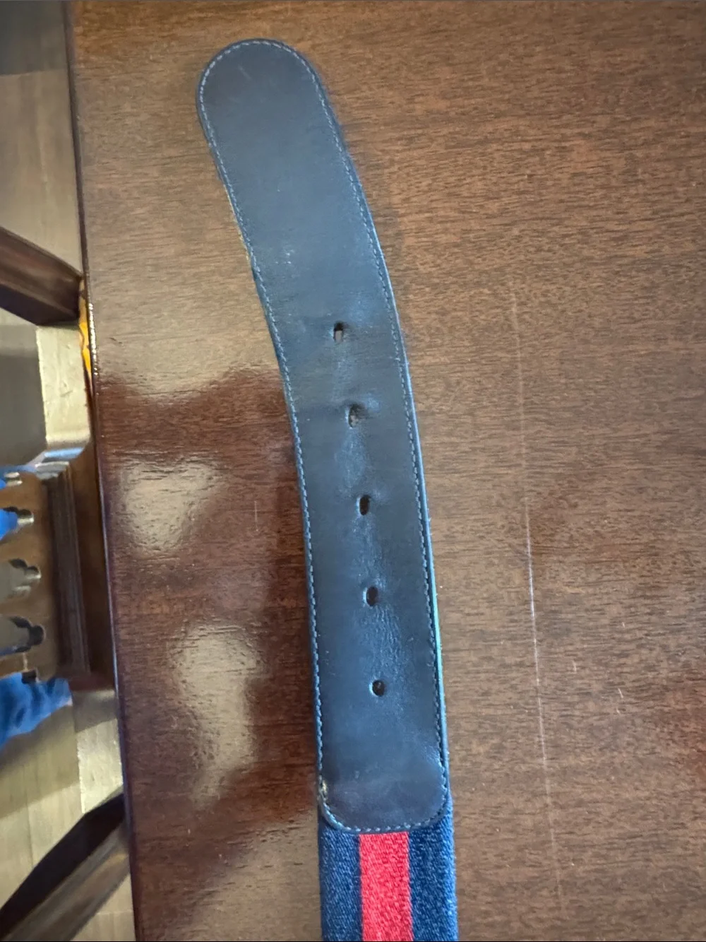 Gucci Navy and Red Web Stripe Belt with Gold Double G Buckle